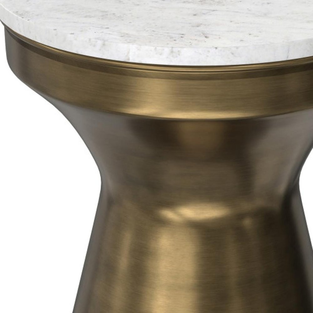 18" Antiqued Brass and White Round Pedestal End Table
