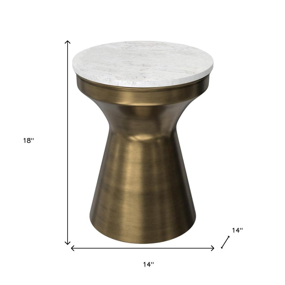 18" Antiqued Brass and White Round Pedestal End Table
