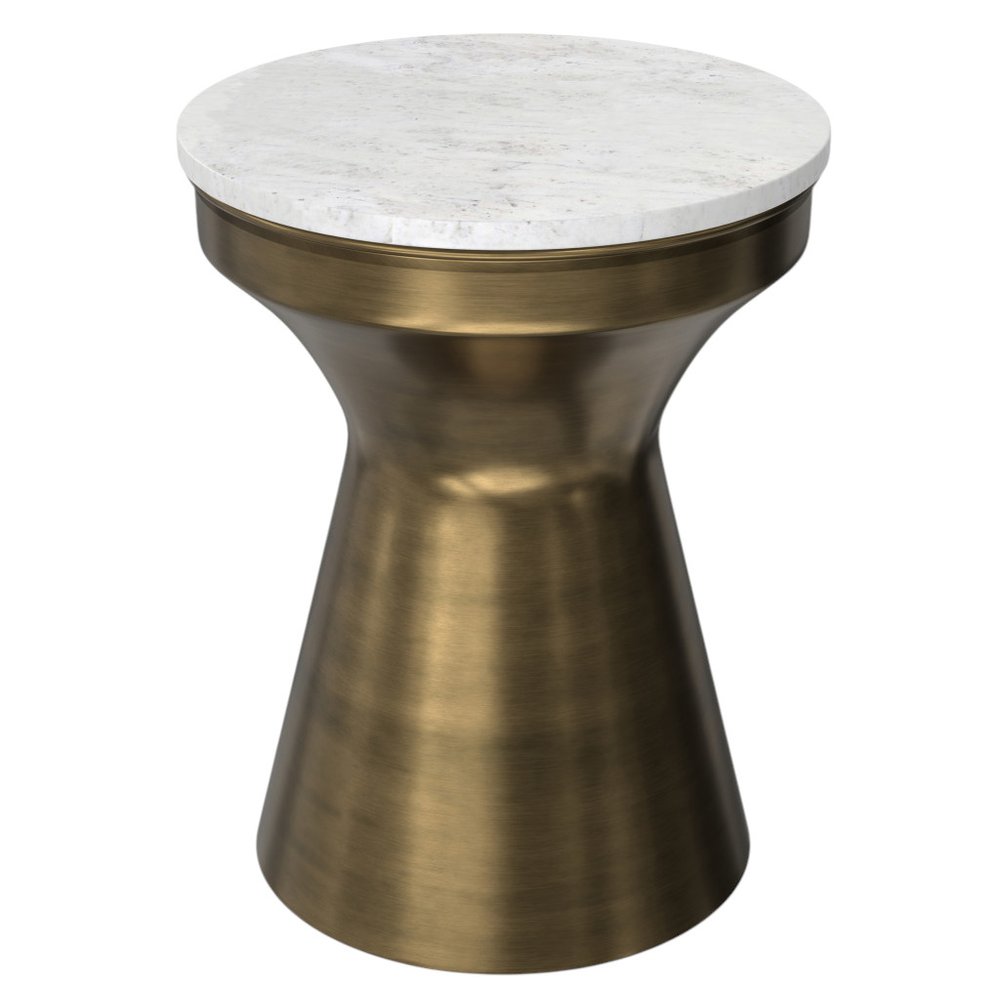 18" Antiqued Brass and White Round Pedestal End Table