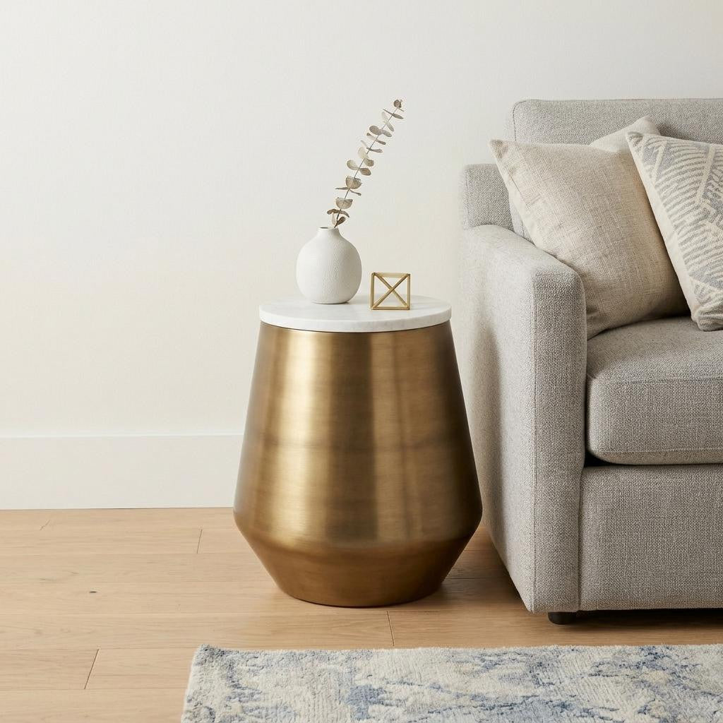 18" Antiqued Brass and White Metal Drum End Table