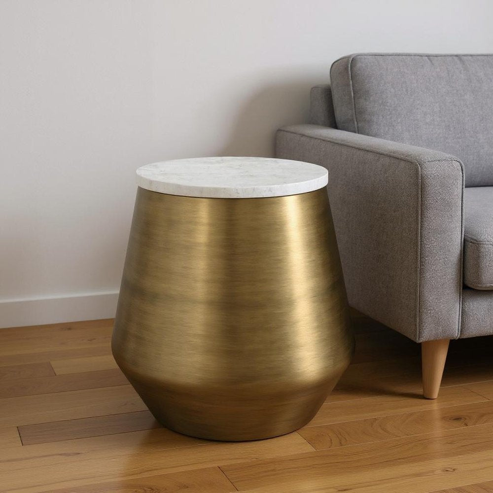 18" Antiqued Brass and White Metal Drum End Table
