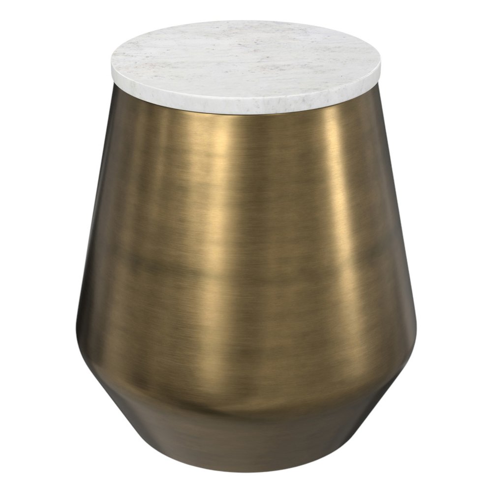 18" Antiqued Brass and White Metal Drum End Table