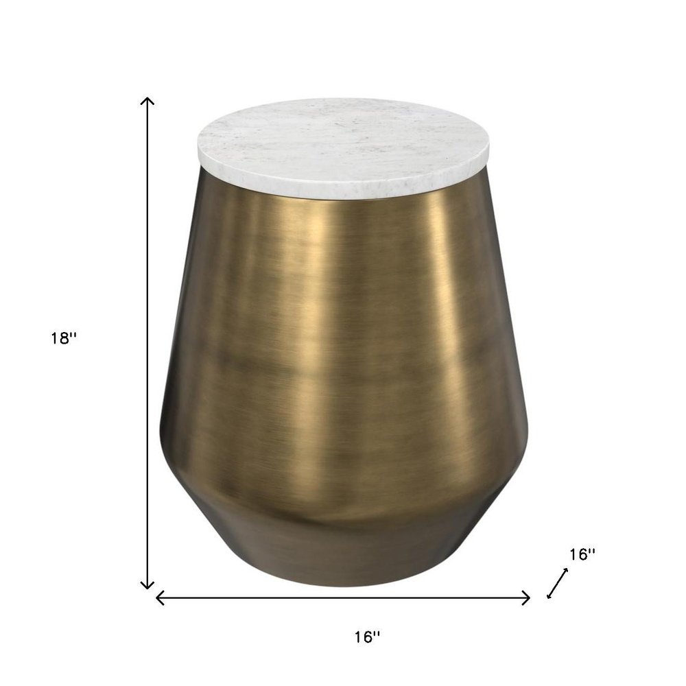 18" Antiqued Brass and White Metal Drum End Table