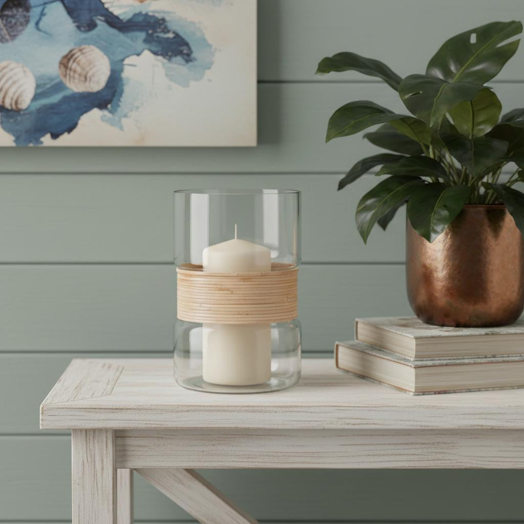 Set of Two 8" Clear and Beige Pillar Candle Holders