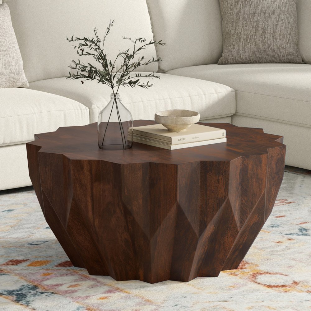34" Dark Brown Carved Geometric Coffee Table