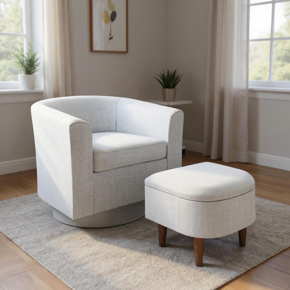 29" Light Gray Swivel Barrel Chair with Ottoman