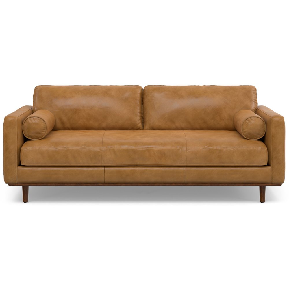 89" Leather Mid-Century Sofa with Toss Pillows