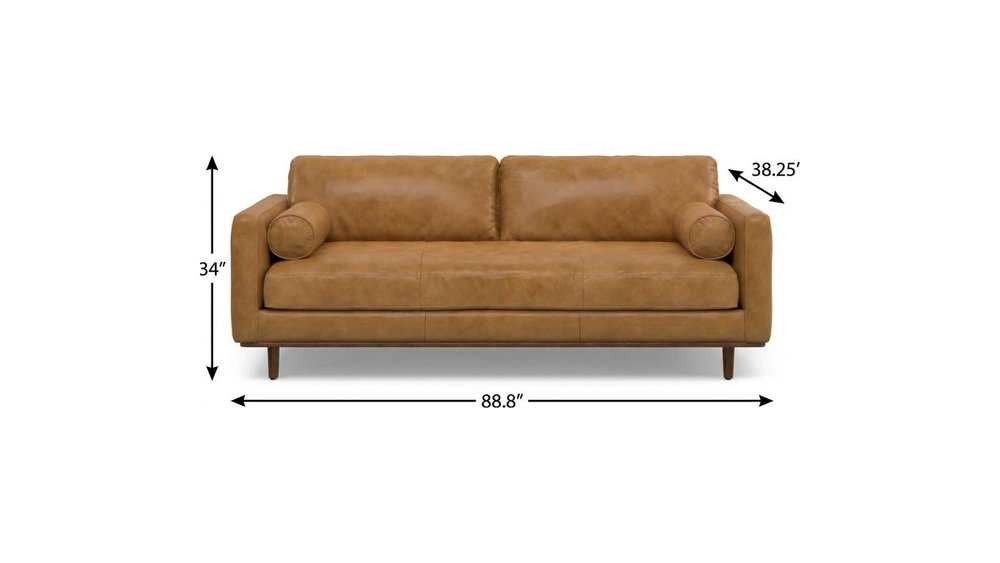 89" Leather Mid-Century Sofa with Toss Pillows