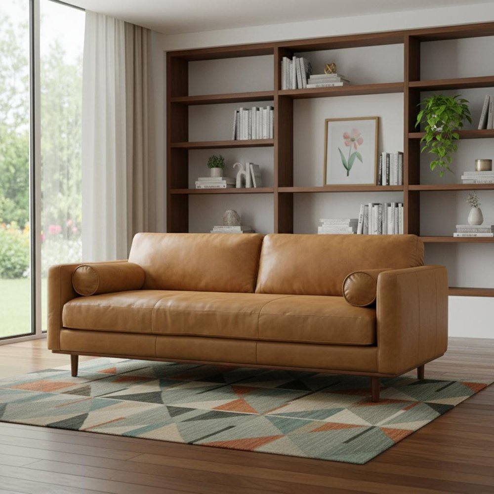89" Leather Mid-Century Sofa with Toss Pillows