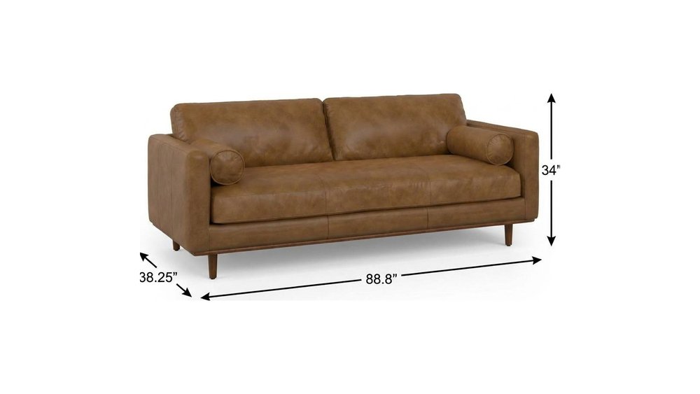 89" Leather Mid-Century Sofa with Toss Pillows