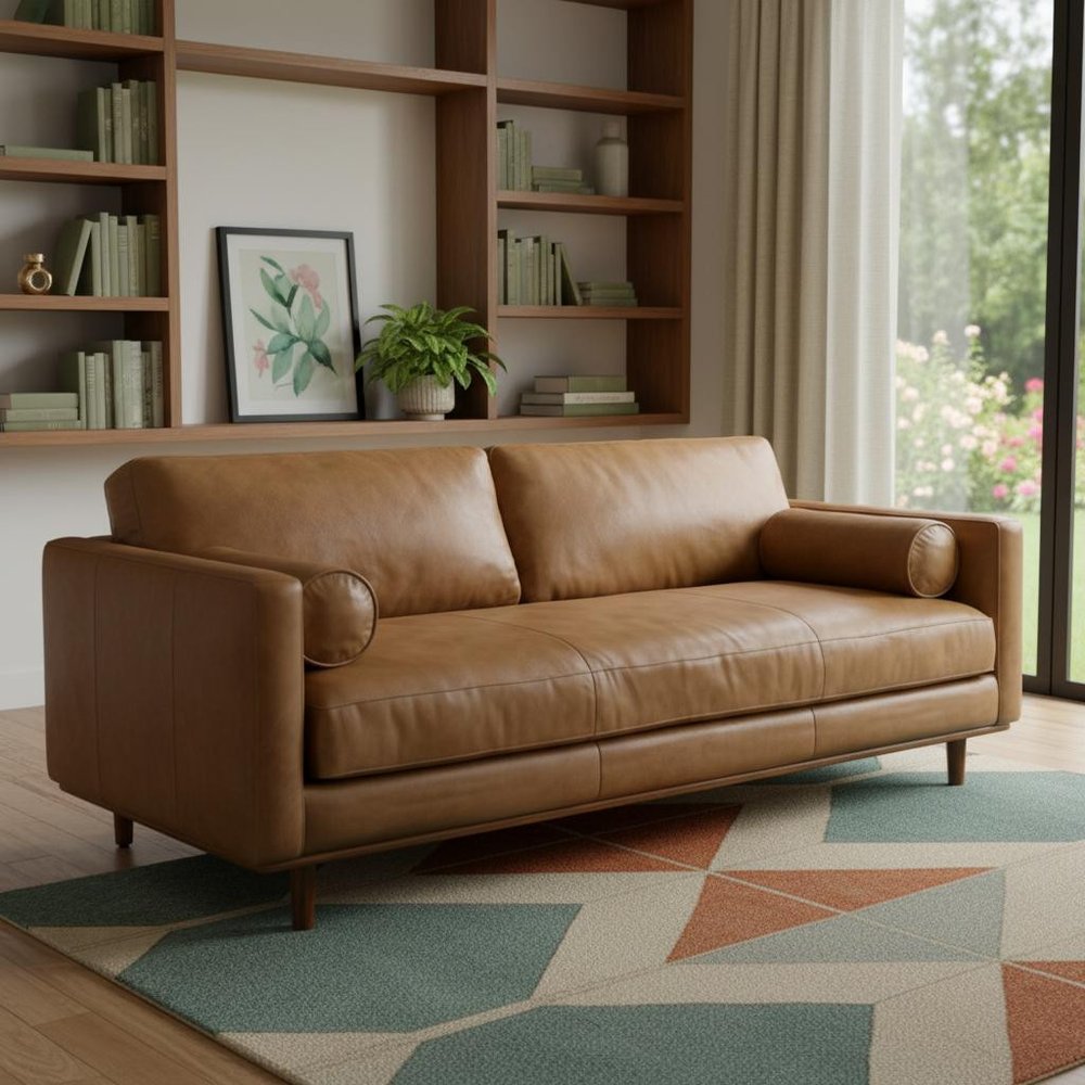 89" Leather Mid-Century Sofa with Toss Pillows