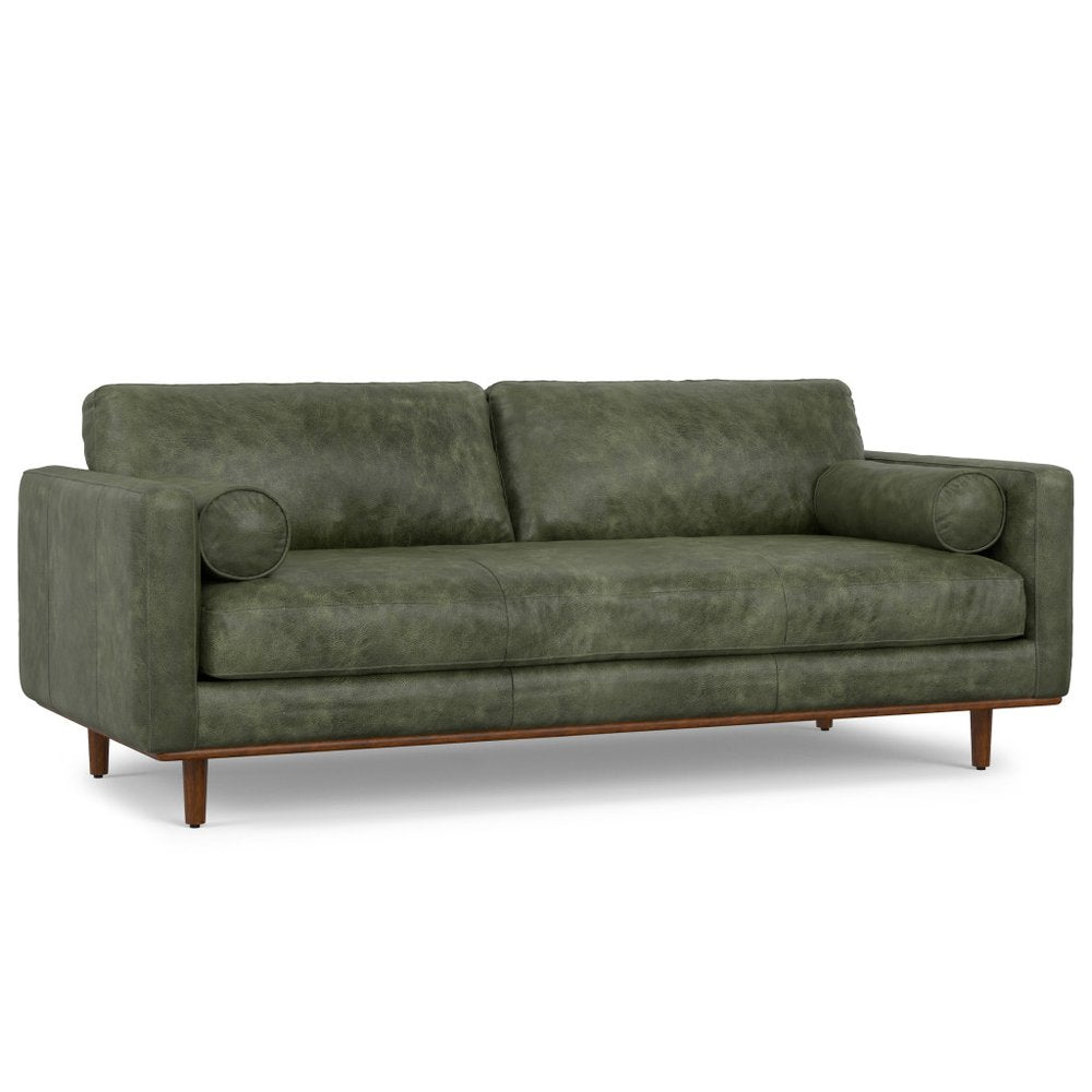 89" Leather Mid-Century Sofa with Toss Pillows
