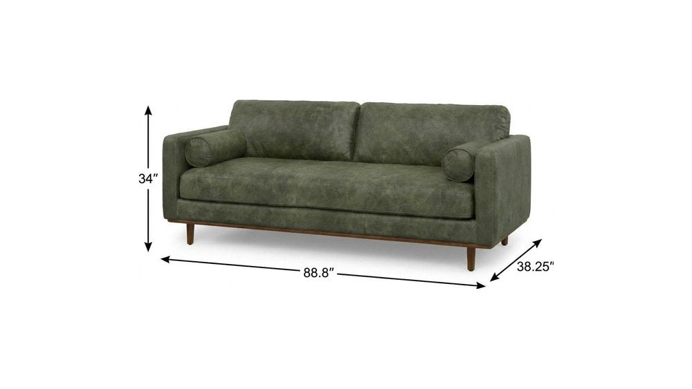 89" Leather Mid-Century Sofa with Toss Pillows