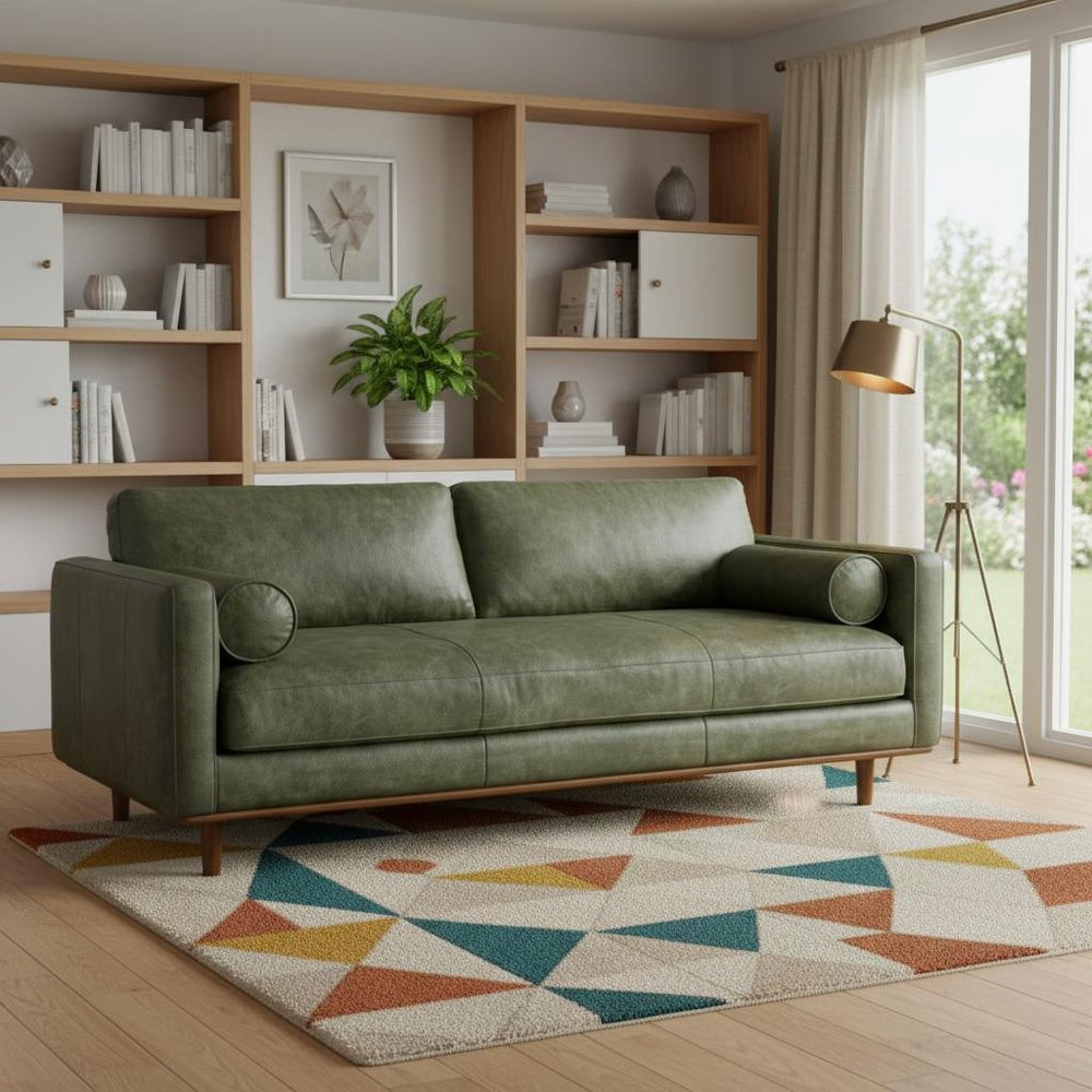 89" Leather Mid-Century Sofa with Toss Pillows