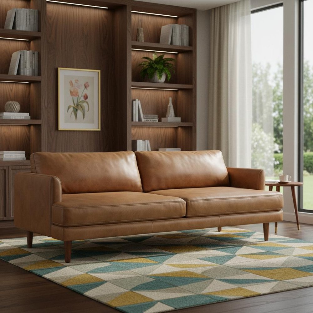76" Top-Grain Leather Mid-Century Loveseat