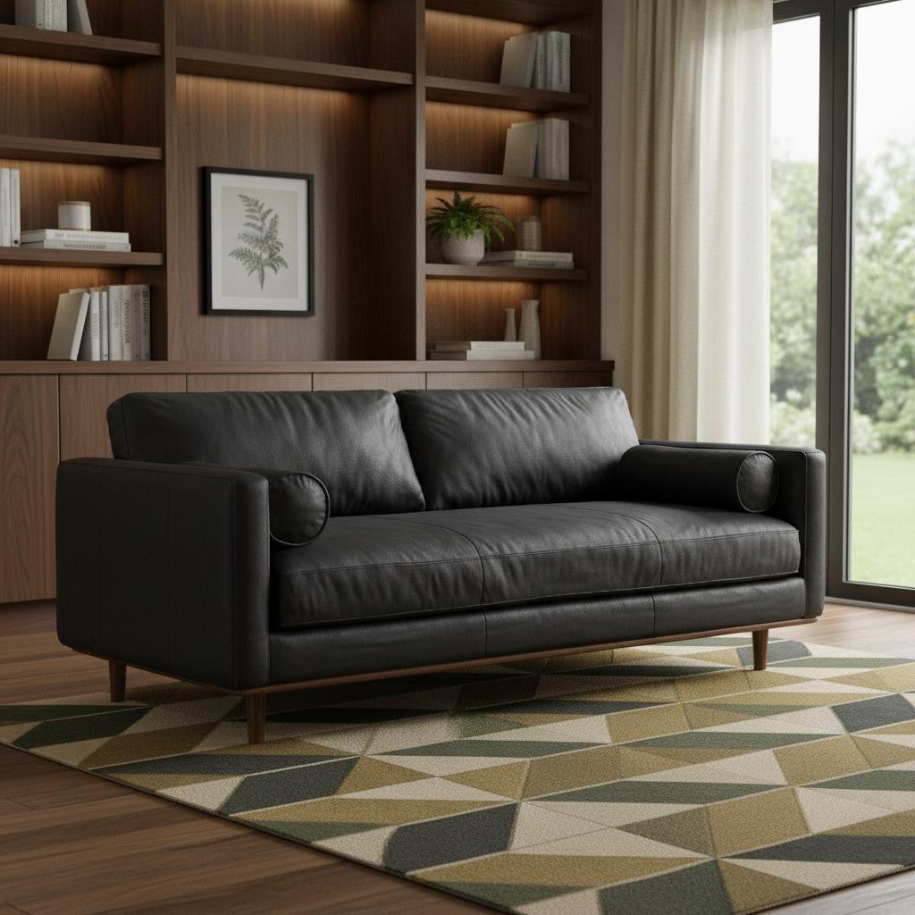 89" Leather Mid-Century Sofa with Toss Pillows