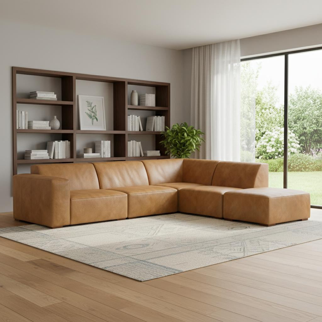 LAF/RAF 116" Sienna Brown Leather Sofa with Chaise