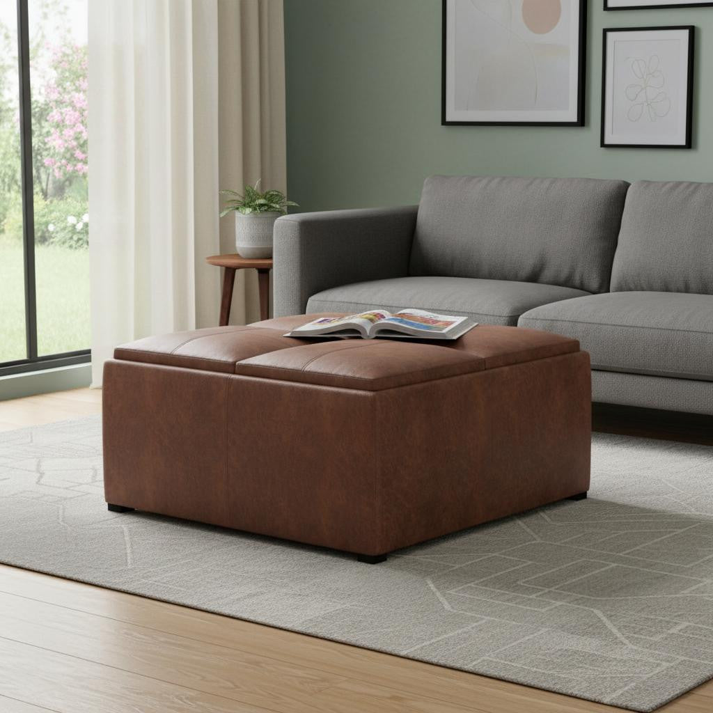 35" Leather Checker Cocktail Ottoman with Storage