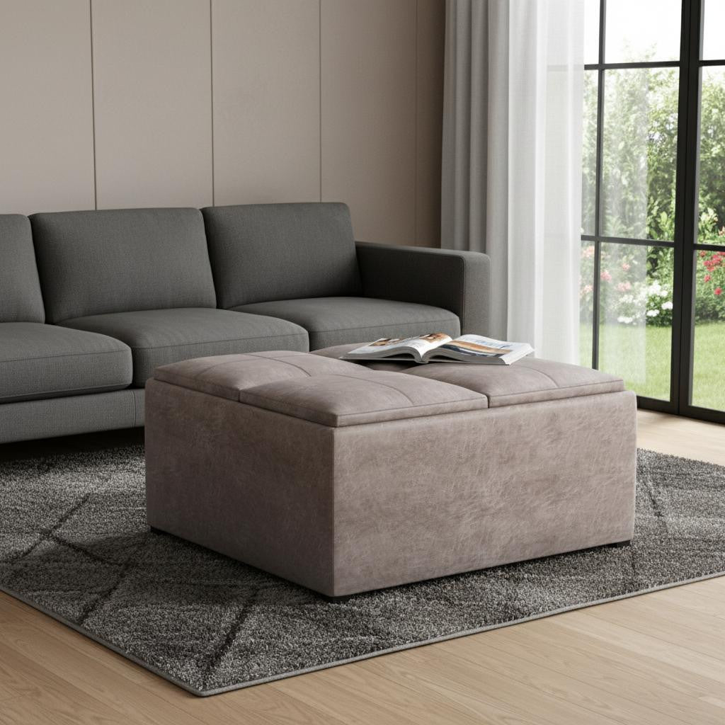 35" Leather Checker Cocktail Ottoman with Storage