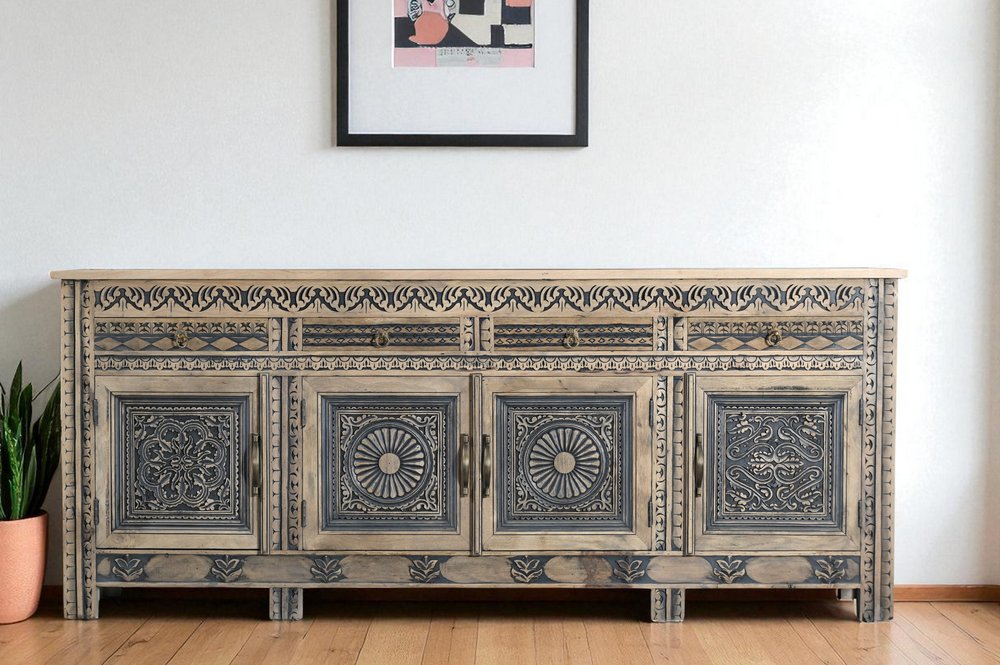 102" Natural Distressed Wood Carved Sideboard