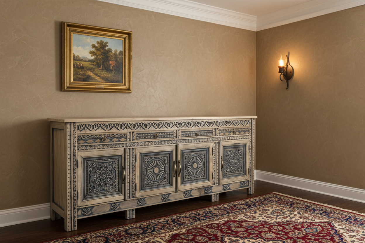 102" Natural Distressed Wood Carved Sideboard