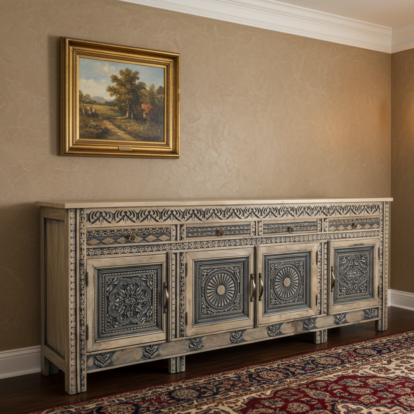102" Natural Distressed Wood Carved Sideboard