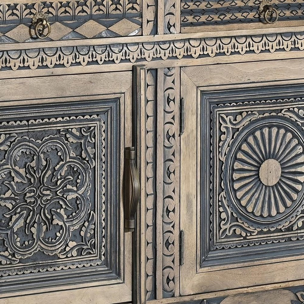102" Natural Distressed Wood Carved Sideboard