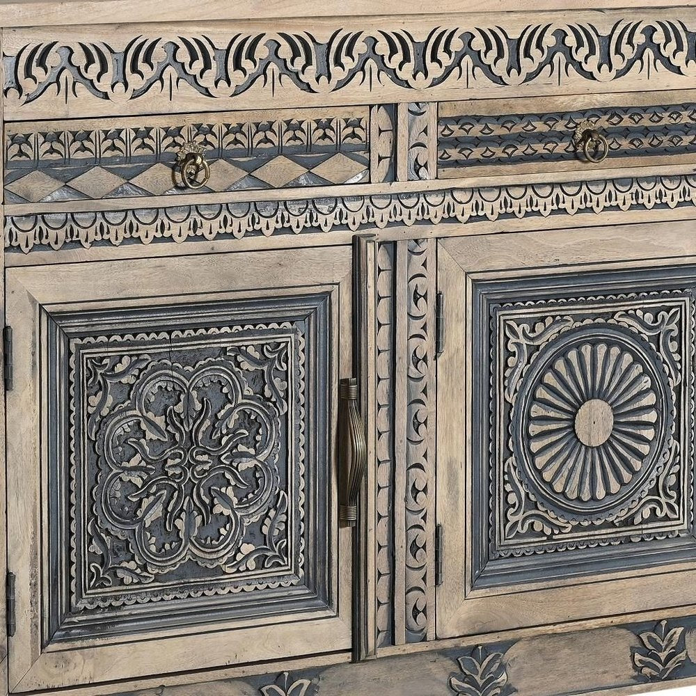102" Natural Distressed Wood Carved Sideboard