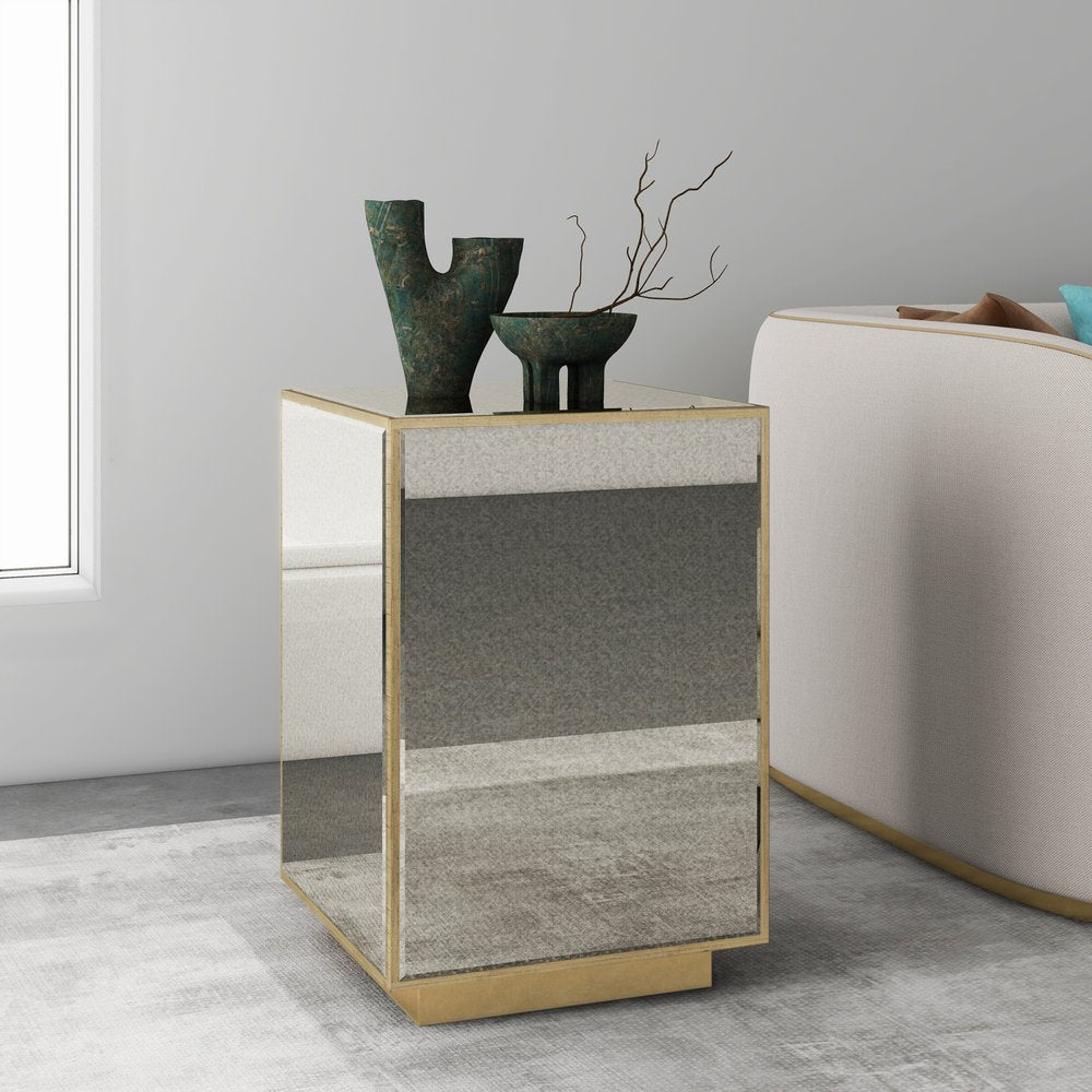 22" Silver and Gold Mirrored Glass Block End Table