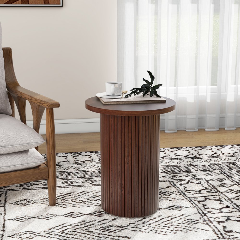 22" Brown Fluted Wood Pedestal End Table