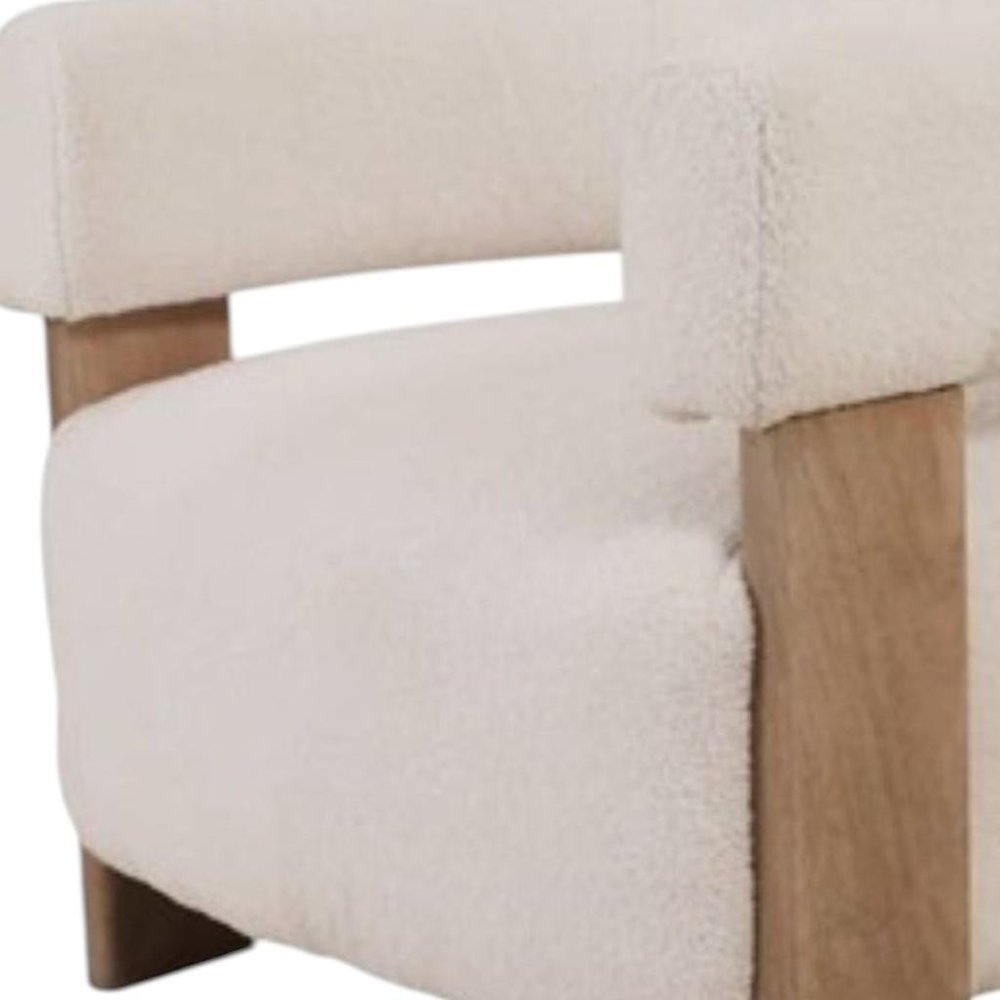 31" White Bouclé and Wood Barrel Chair