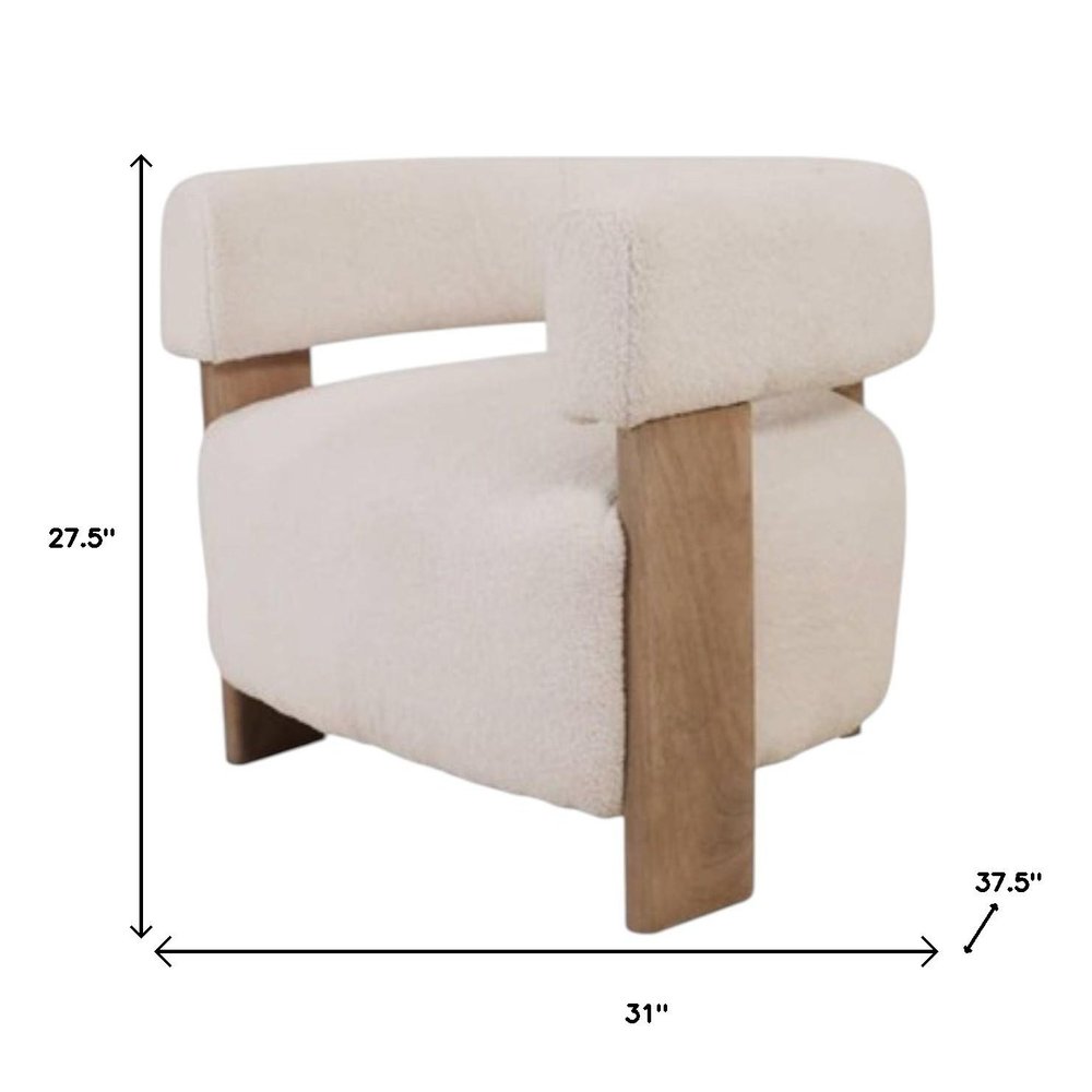 31" White Bouclé and Wood Barrel Chair