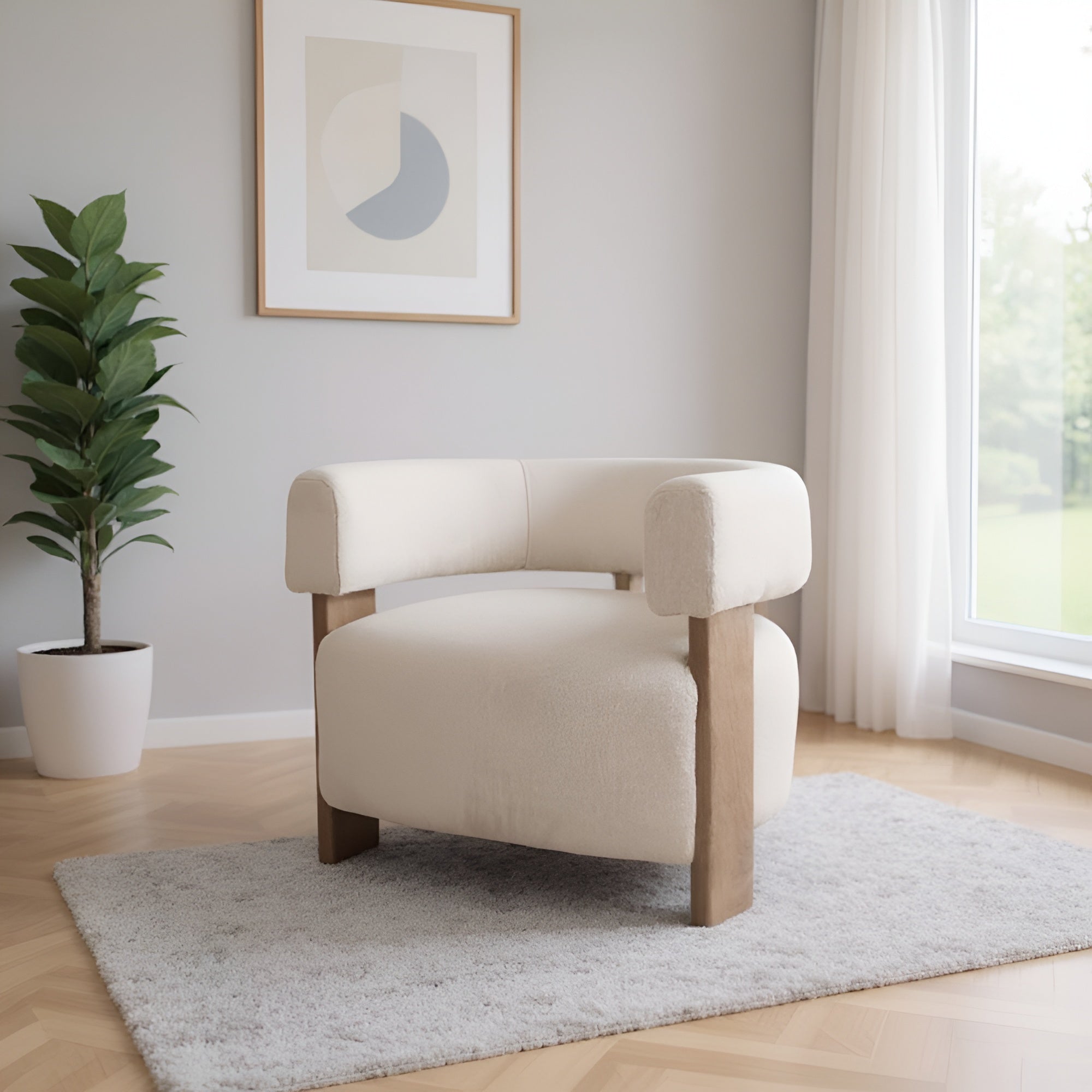 31" White Bouclé and Wood Barrel Chair