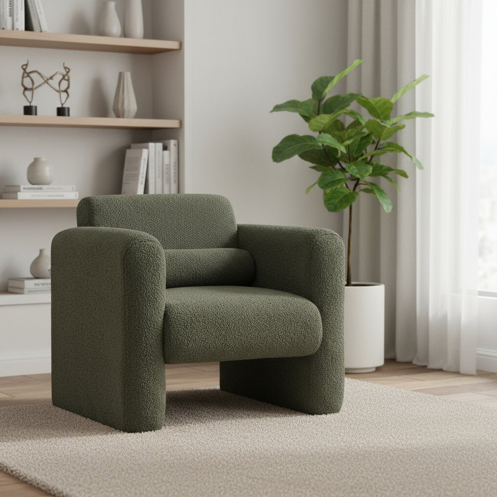 31" Olive Green Bouclé Modern Armchair