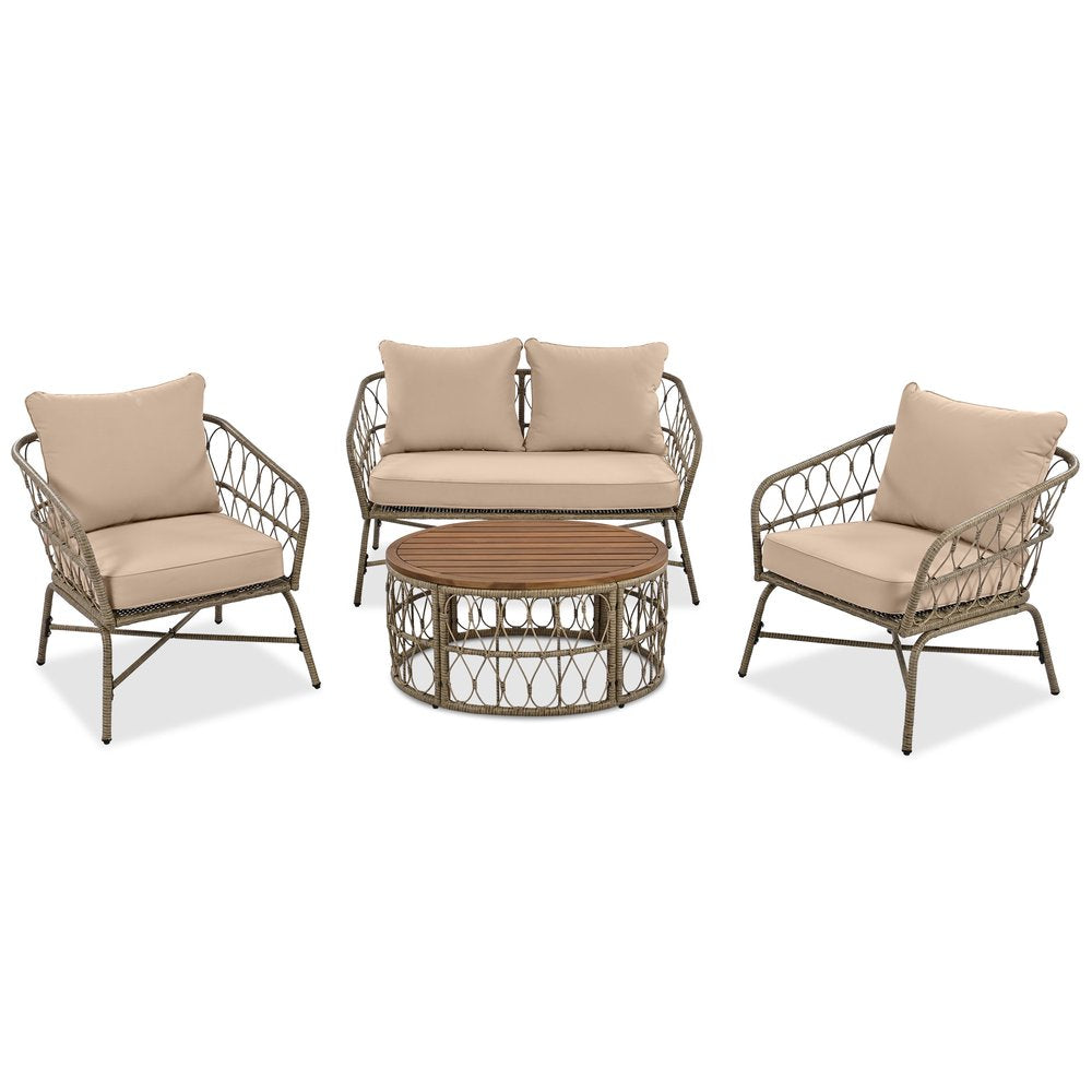 4 pc. 42" Beige and Brown Sofa, Chair, and Table Outdoor Set