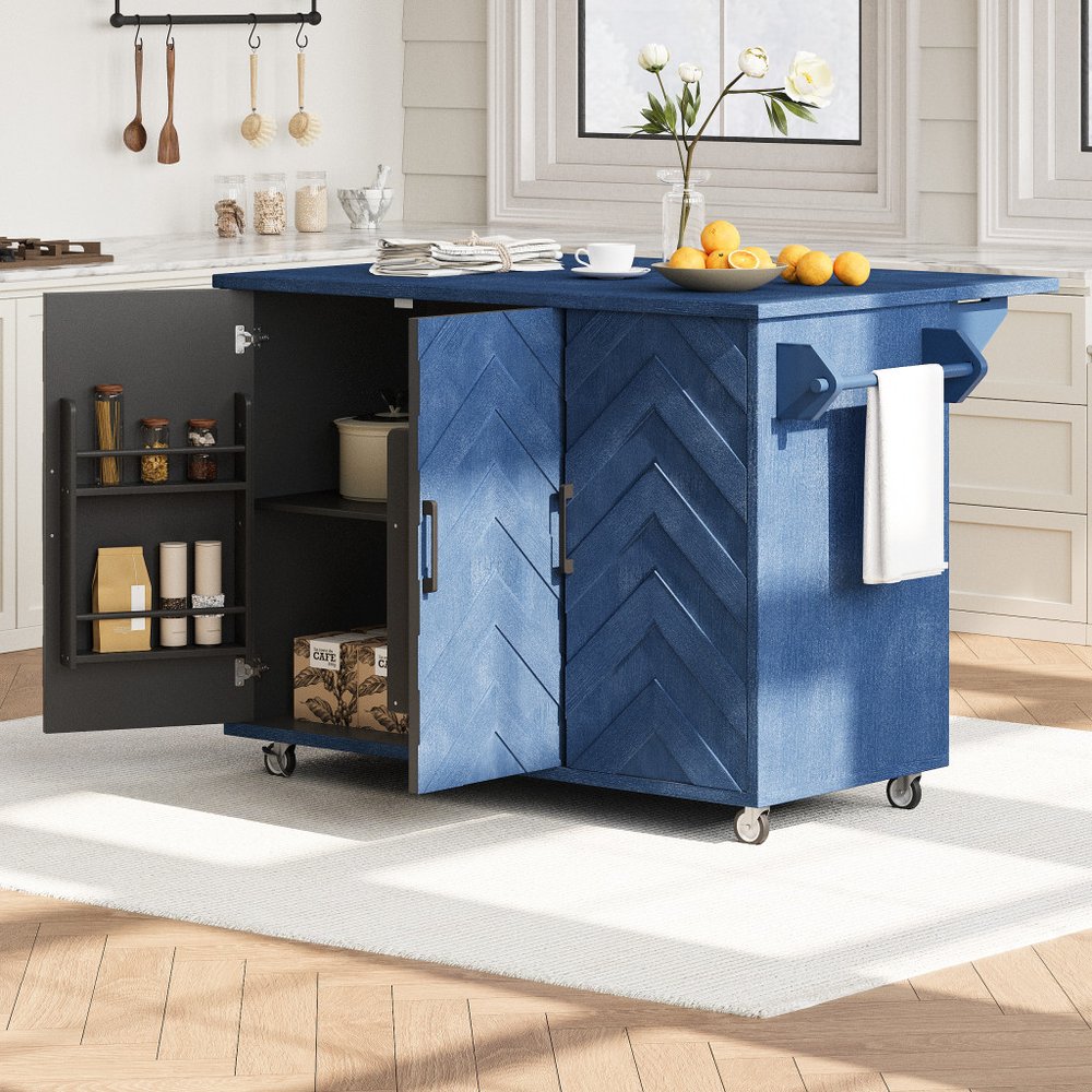 51" Blue Rolling Kitchen Island