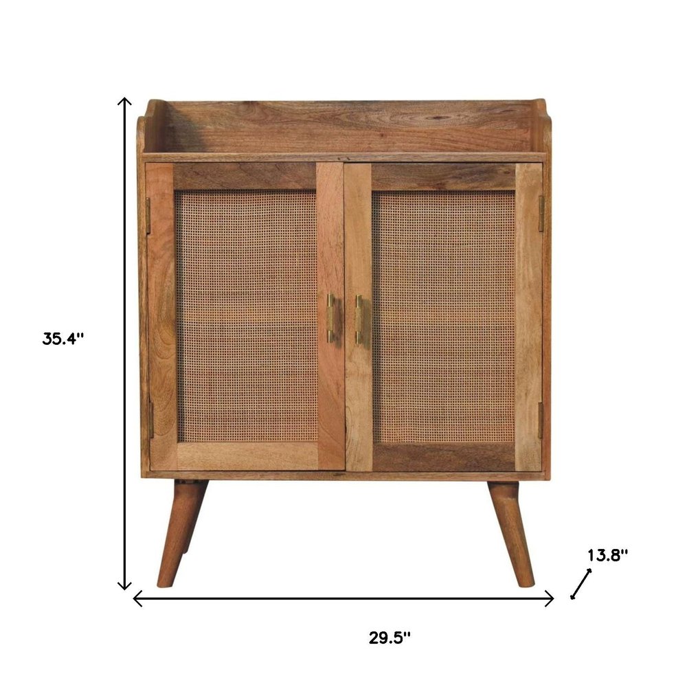30" Brown Wood and Rattan Doors Cabinet