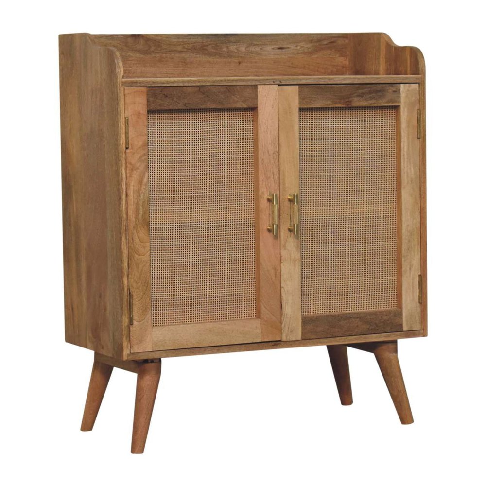 30" Brown Wood and Rattan Doors Cabinet