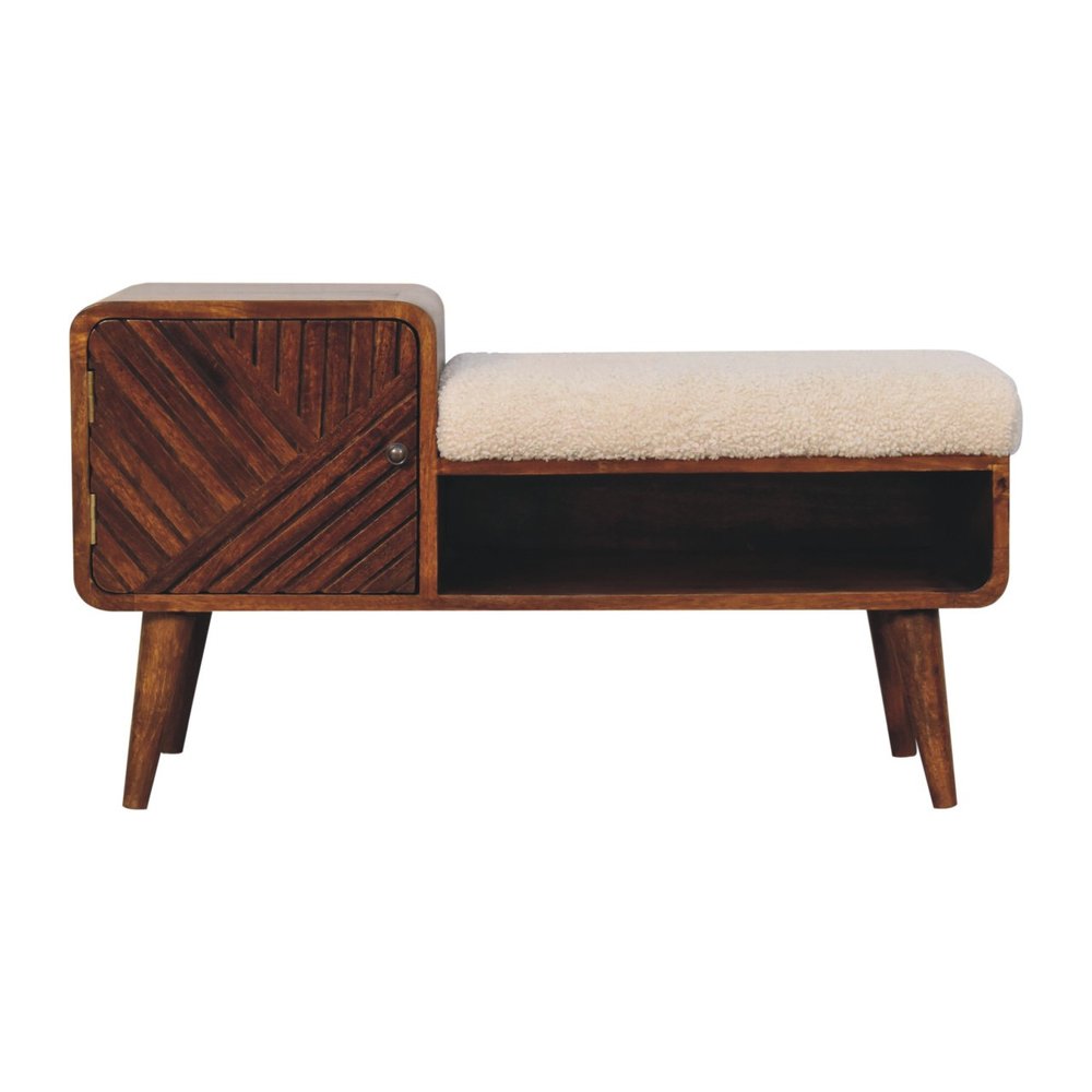 35" Cream Bouclé and Wood Bench with Cabinet and Shelf