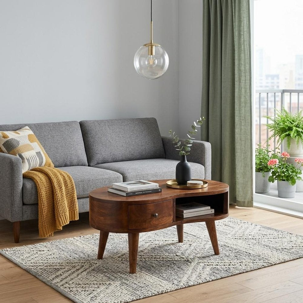 28" Wood Mid-Century Free Form Coffee Table with Drawer
