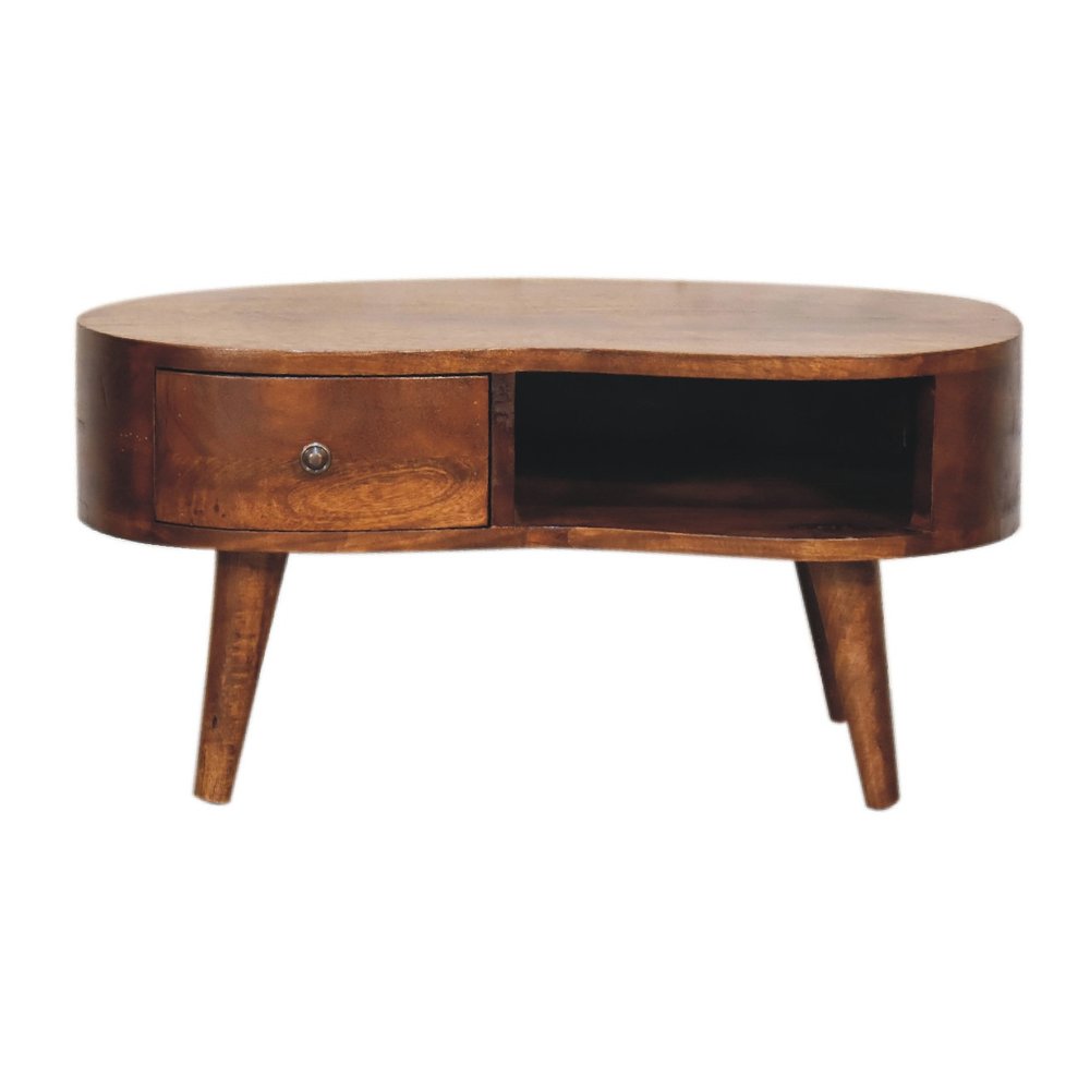 28" Wood Mid-Century Free Form Coffee Table with Drawer