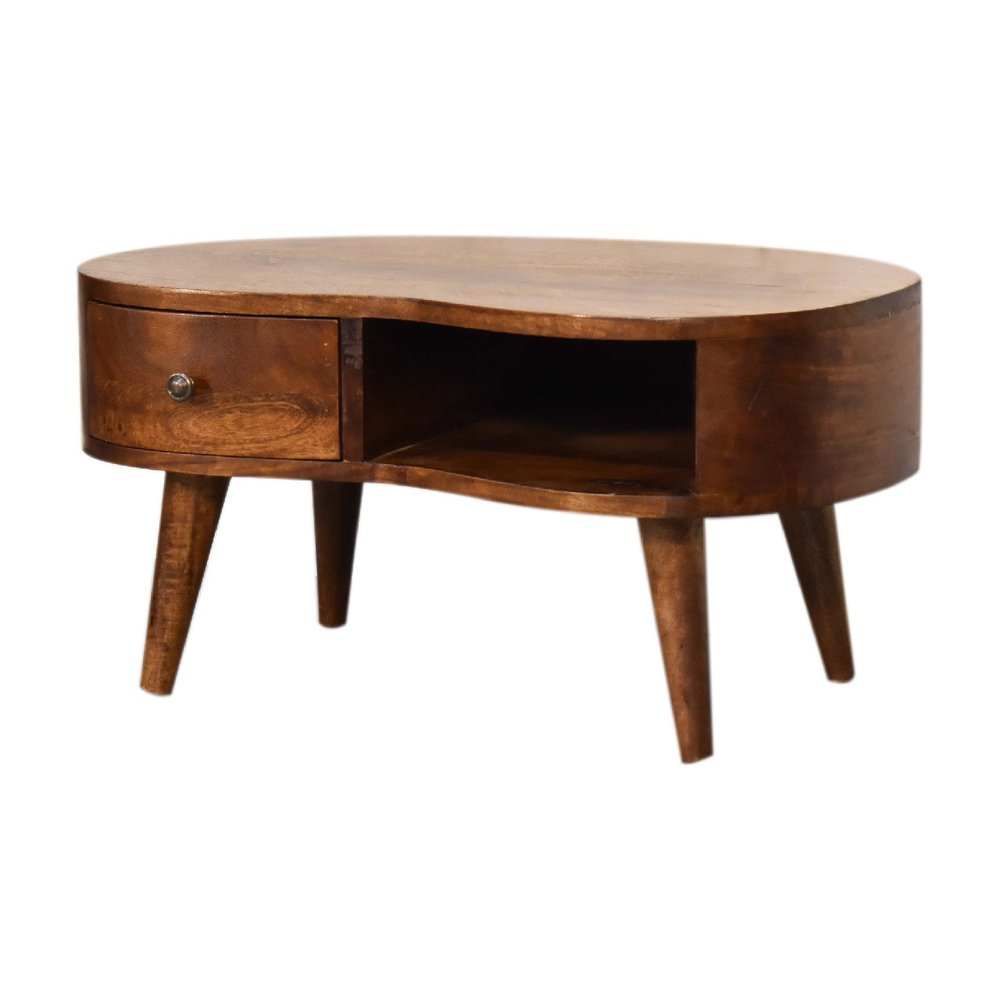 28" Wood Mid-Century Free Form Coffee Table with Drawer
