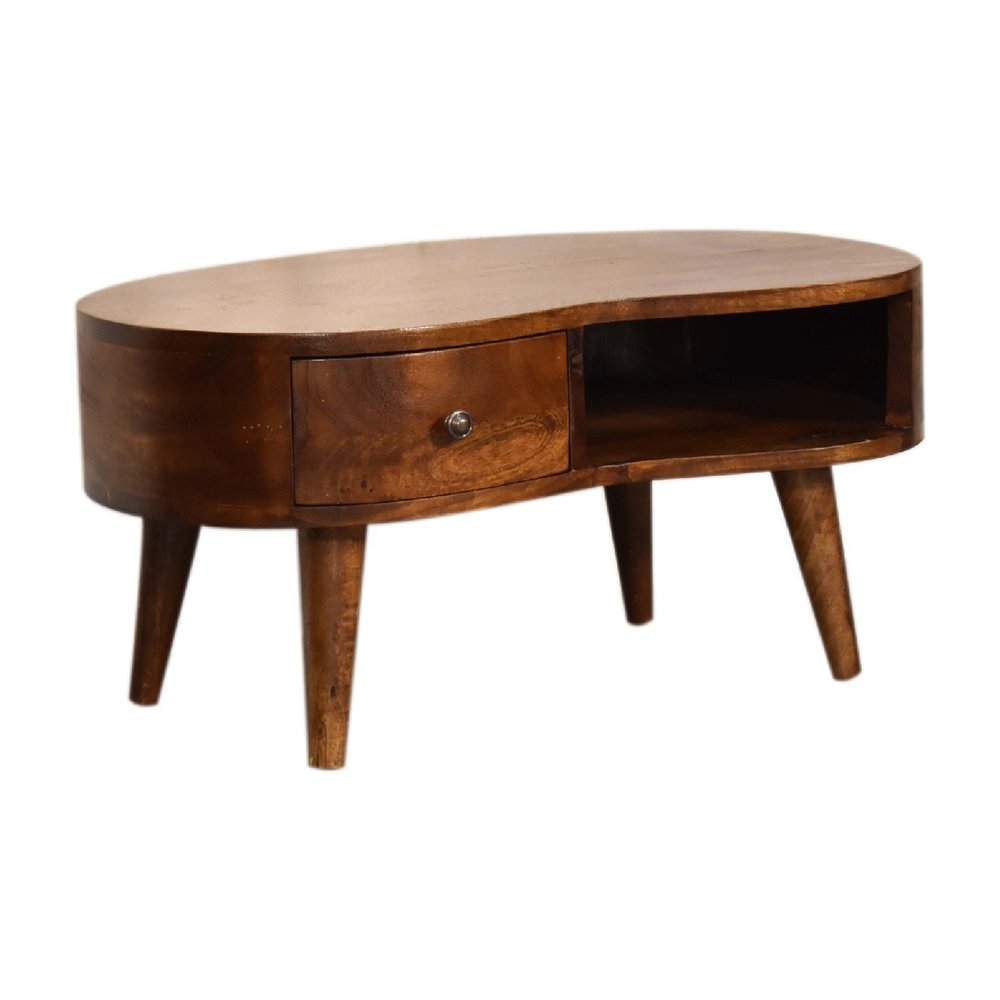 28" Wood Mid-Century Free Form Coffee Table with Drawer