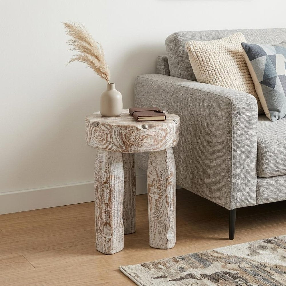 19" White Distressed Wood Round End Table