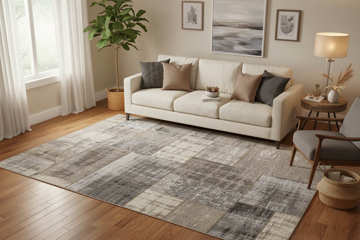 Gray, Cream, and Beige Tile Cotton Rug