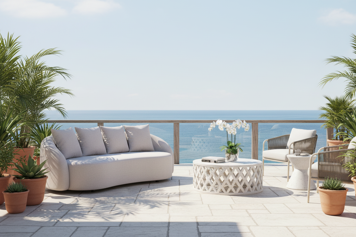 91" Beige Curved Outdoor Sofa