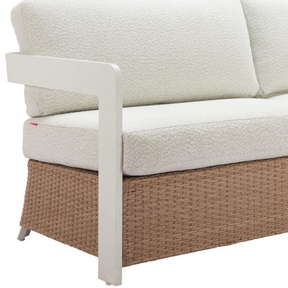 73" White and Brown Polypropylene and Rattan Sofa