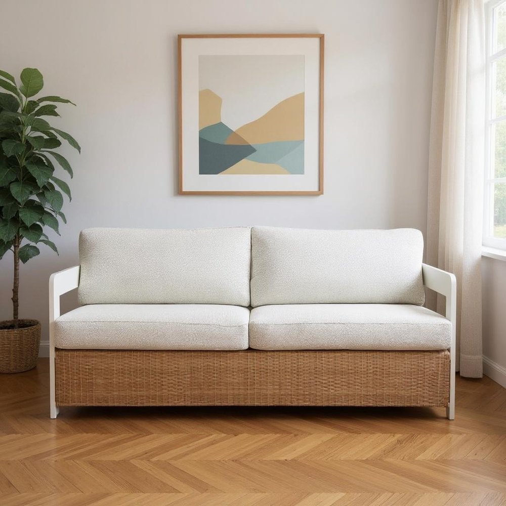 73" White and Brown Polypropylene and Rattan Sofa