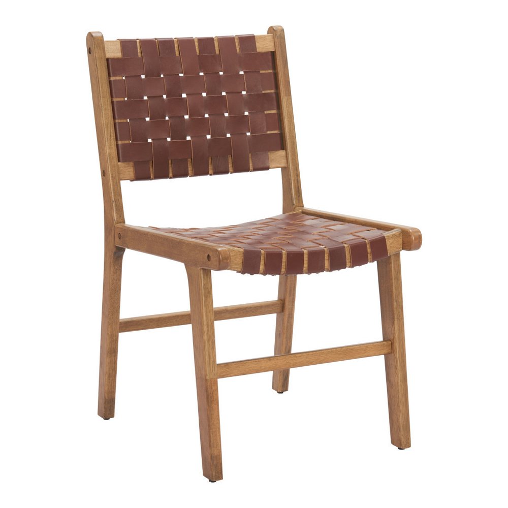 Set of Two 23" Brown Wood and Leather Strap Dining Chairs