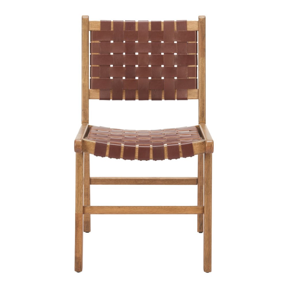 Set of Two 23" Brown Wood and Leather Strap Dining Chairs